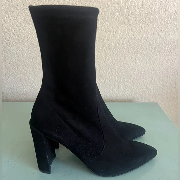 Stuart Weitzman Brandie 75 Mid Calf Black Suede Sock Booties 10